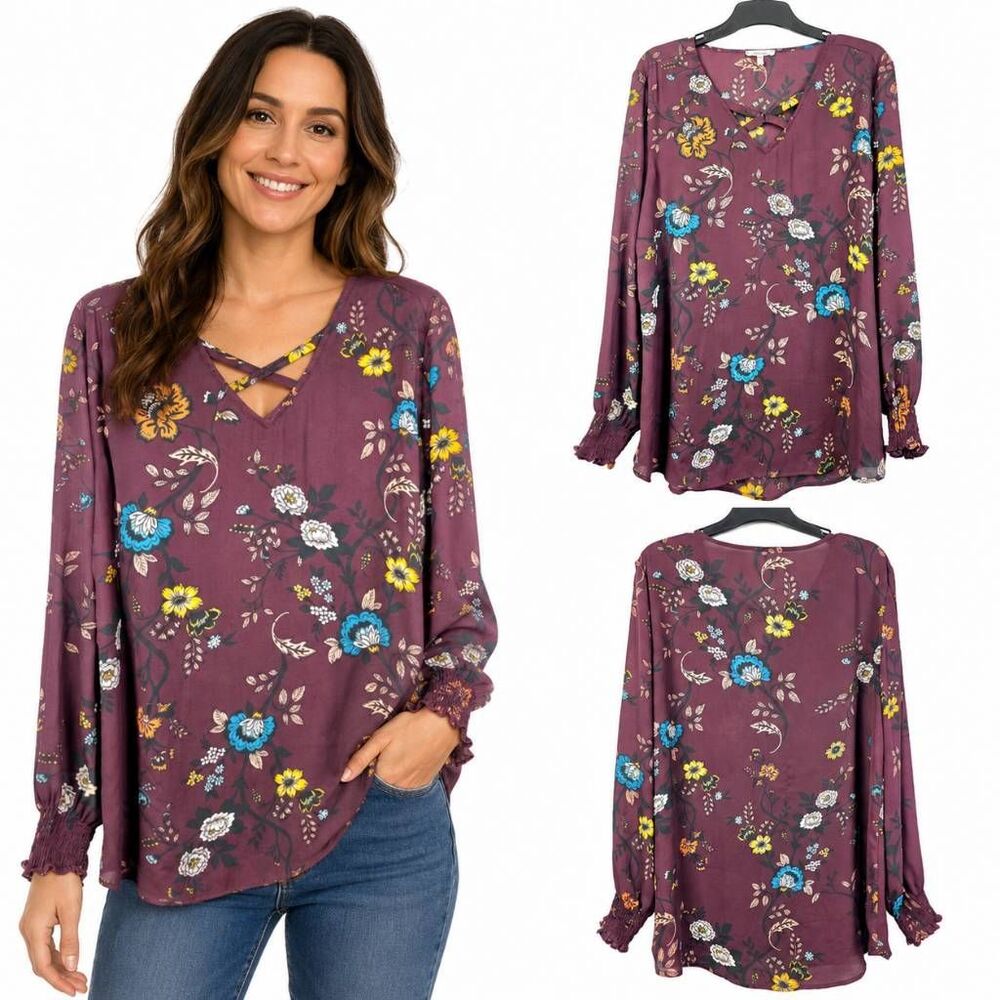 Maurices Floral Blouse XL Burgundy Long Sleeve